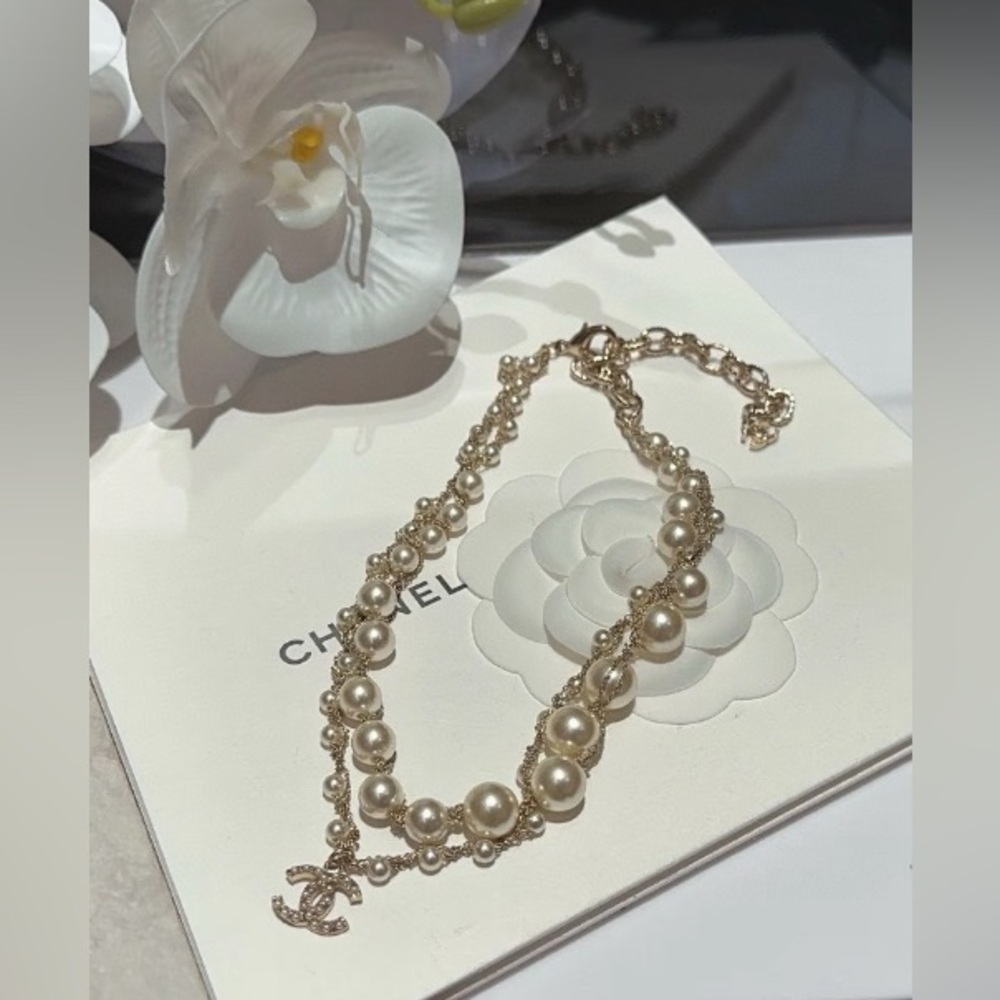 💎 Chanel Double Layer Pearl Choker Luxury Brass Necklace